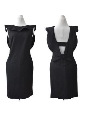 Carla G Dress Black Woll Dress Womens Size 6 IT 42 Low Back Ruffle Flutter LBD